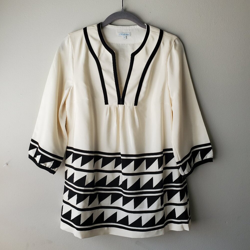 NEW Shoshanna Silk Tunic Blouse 4 - Ivory Black Geometric 3/4 Sleeve Designer